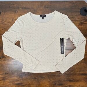 Rhinestone Mesh Long Sleeve Top Sheer Nude Sparkle Y2K M NWT Almost Famous